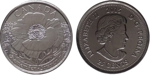 25 центов 2015 Канада — 100 лет стихотворению «На полях Фландрии» UNC