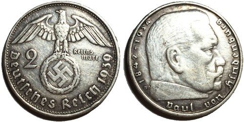 2 марки 1939 «B» Германия — серебро