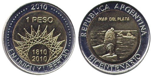 1 песо 2010 Аргентина — 200 лет Аргентине — Мар-дель-Плата