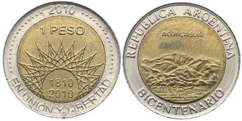 1 песо 2010 Аргентина — 200 лет Аргентине — вулкан Аконкагуа