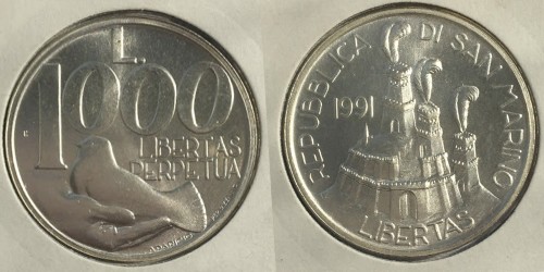 1000 лир 1991 Сан-Марино — Голубь на руке — серебро