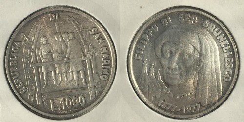 1000 лир 1977 Сан-Марино — 600 лет со дня рождения Филиппо Брунеллески — серебро