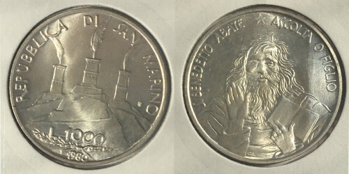 1000 лир 1980 Сан-Марино — 1500 лет со дня рождения Св. Бенедикта Нурсийского — серебро