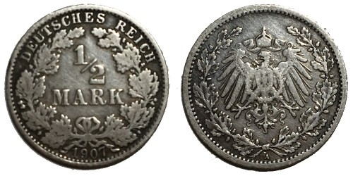 1/2 марки 1907 «А» Германия — серебро