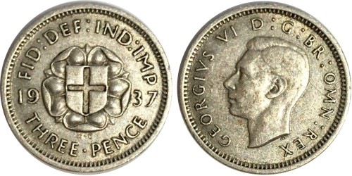 3 пенса 1937 Великобритания — серебро