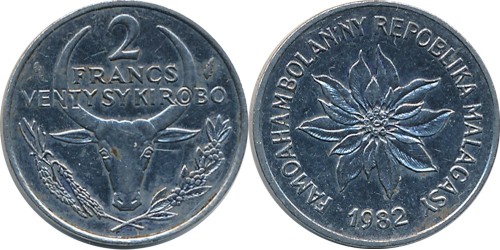 2 франка 1987 Мадагаскар — Пуансеттия прекраснейшая или молочай прекраснейший