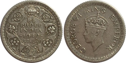 1/4 рупии 1942 Британская Индия — серебро