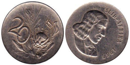 20 центов 1965 ЮАР — надпись на языке африкаанс — SUID — AFRIKA