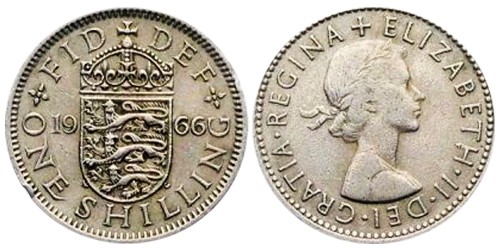 1 шиллинг 1966 Великобритания — Английский герб — 3 льва внутри коронованного щита