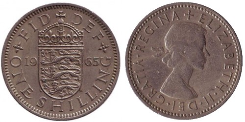 1 шиллинг 1965 Великобритания — Английский герб — 3 льва внутри коронованного щита