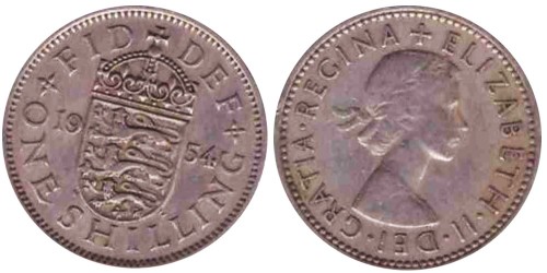 1 шиллинг 1954 Великобритания — Английский герб — 3 льва внутри коронованного щита