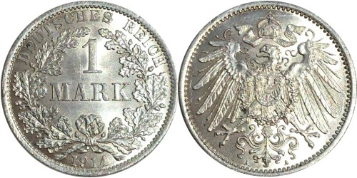 1 марка 1914 «A» Германия — серебро