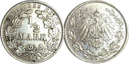 1/2 марки 1914 «A» Германия — серебро
