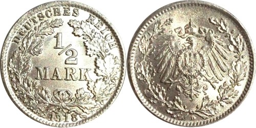 1/2 марки 1918 «D» Германия — серебро