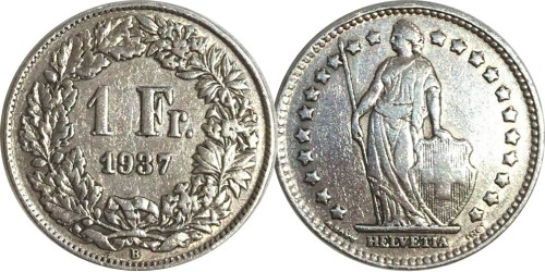 1 франк 1937 Швейцария — В — серебро