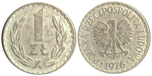 1 злотый 1976 Польша — без знака монетного двора