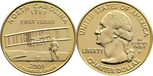 25 центов 2001 P США — Северная Каролина — North Carolina UNC — позолота
