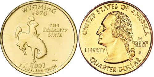 25 центов 2007 P США — Вайоминг — Wyoming UNC — позолота
