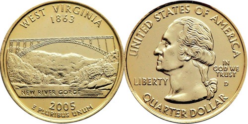 25 центов 2005 D США — Западная Вирджиния (Виргиния) —  West Virginia UNC — позолота