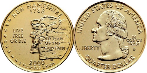 25 центов 2000 D США — Нью-Гэмпшир — New Hampshire UNC — позолота