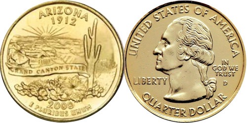 25 центов 2008 D США — Аризона — Arizona UNC — позолота