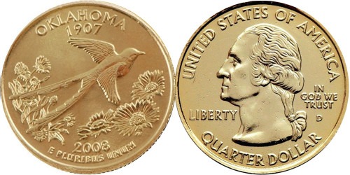 25 центов 2008 D США — Оклахома — Oklahoma UNC — позолота