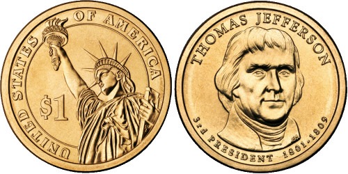 1 доллар 2007 D США UNC — Президент США — Томас Джеферсон (1801-1809) №3