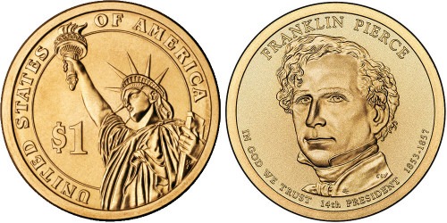 1 доллар 2010 D США UNC — Президент США — Франклин Пирс (1853-1857) №14