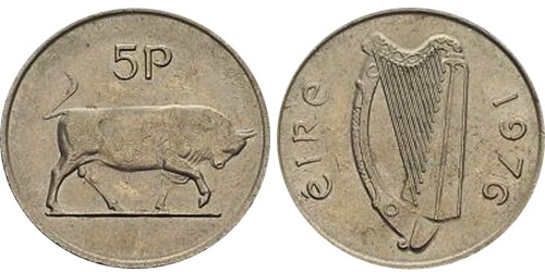 5 пенсов 1976 Ирландия — Бык