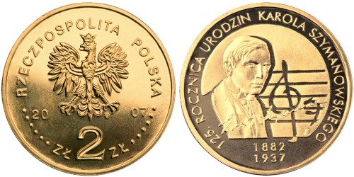 2 злотых 2007 Польша — 125 лет со дня рождения Кароля Шимановского