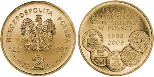2 злотых 2009 Польша — 180 лет центральному банку Польши