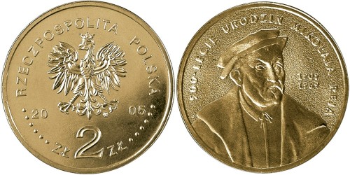 2 злотых 2005 Польша — 500 лет со дня рождения Николая Рея