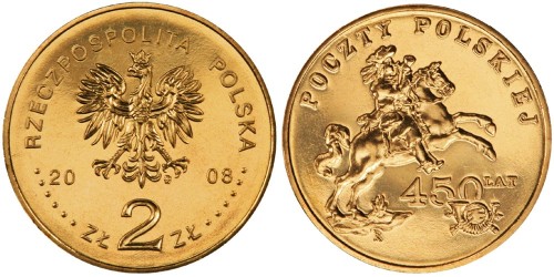 2 злотых 2008 Польша — 450 лет польской почтовой службе