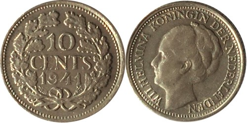 10 центов 1941 Нидерланды — серебро