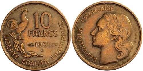 10 франков 1951 Франция — Отметка монетного двора: «B» — Бомон-ле-Роже