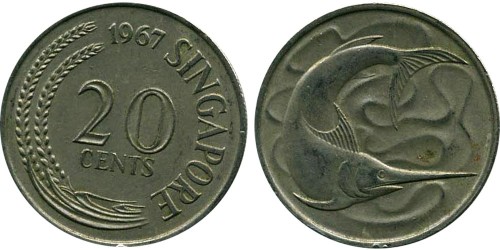 20 центов 1967 Сингапур — Рыба-меч (меченос)