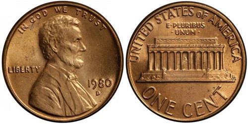 1 цент 1980 D США UNC