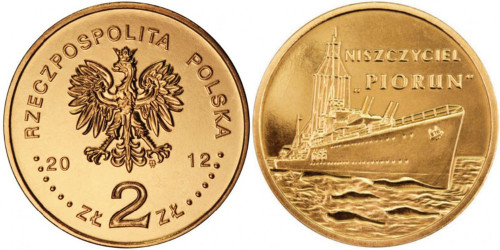 2 злотых 2012 Польша — Польские суда — Эсминец «Перун»