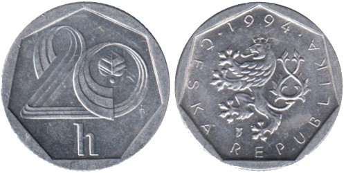 20 геллеров 1994 Чехия — Отметка монетного двора: «b’» (b с короной) — Яблонец-над-Нисой, Чехия