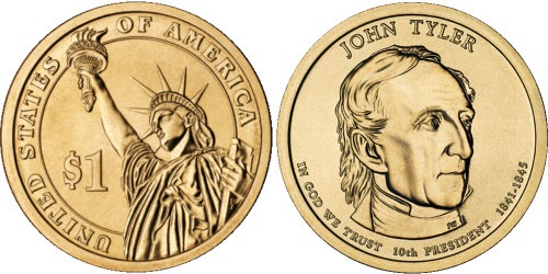 1 доллар 2009 P США UNC — Президент США — Джон Тайлер (1841 — 1845) №10