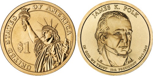 1 доллар 2009 P США UNC — Президент США — Джеймс Полк (1845 — 1849) №11