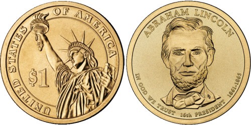1 доллар 2010 Р США UNC — Президент США — Авраам Линкольн (1861-1865) №16
