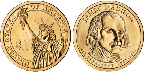 1 доллар 2007 P США UNC — Президент США — Джеймс Мэдисон (1809-1817) №4