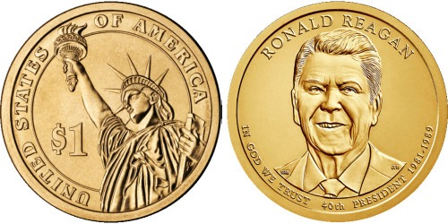 1 доллар 2016 Р США UNC — Президент США — Рональд Рейган (1981–1989) №40