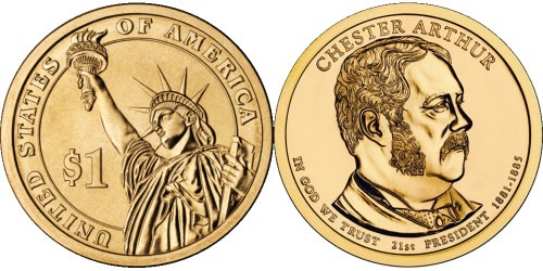 1 доллар 2012 D США UNC — Президент США — Честер Артур (1881 — 1885) №21