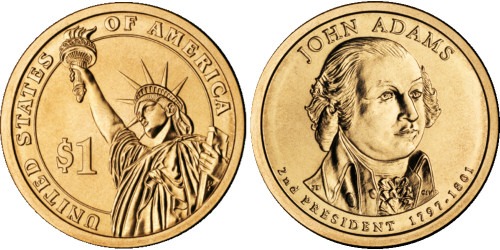 1 доллар 2007 D США UNC — Президент США — Джон Адамс (1797-1801) №2