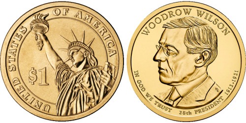 1 доллар 2013 P США UNC — Президент США — Вудро Вильсон (1913 — 1921) №28