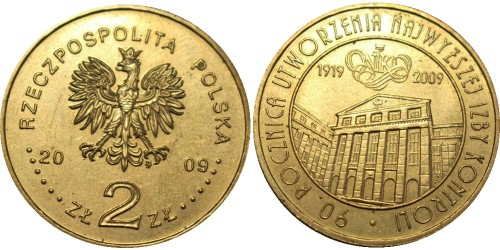 2 злотых 2009 Польша — 90 лет Верховной Палате Контроля