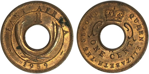 1 цент 1959 Британская Восточная Африка — Отметка монетного двора: KN — Кингз Нортон Металл