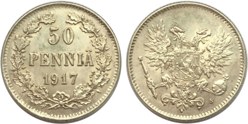 50 пенни 1917 Финляндия — Орел без короны — серебро